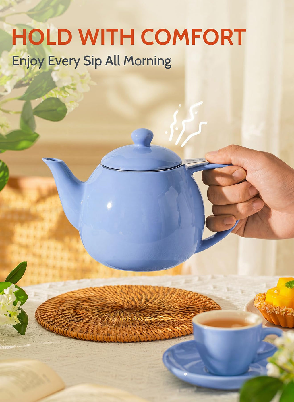 Sweese Porcelain Teapot 27 oz with Infuser for Loose Leaf Tea, Bluish Grey