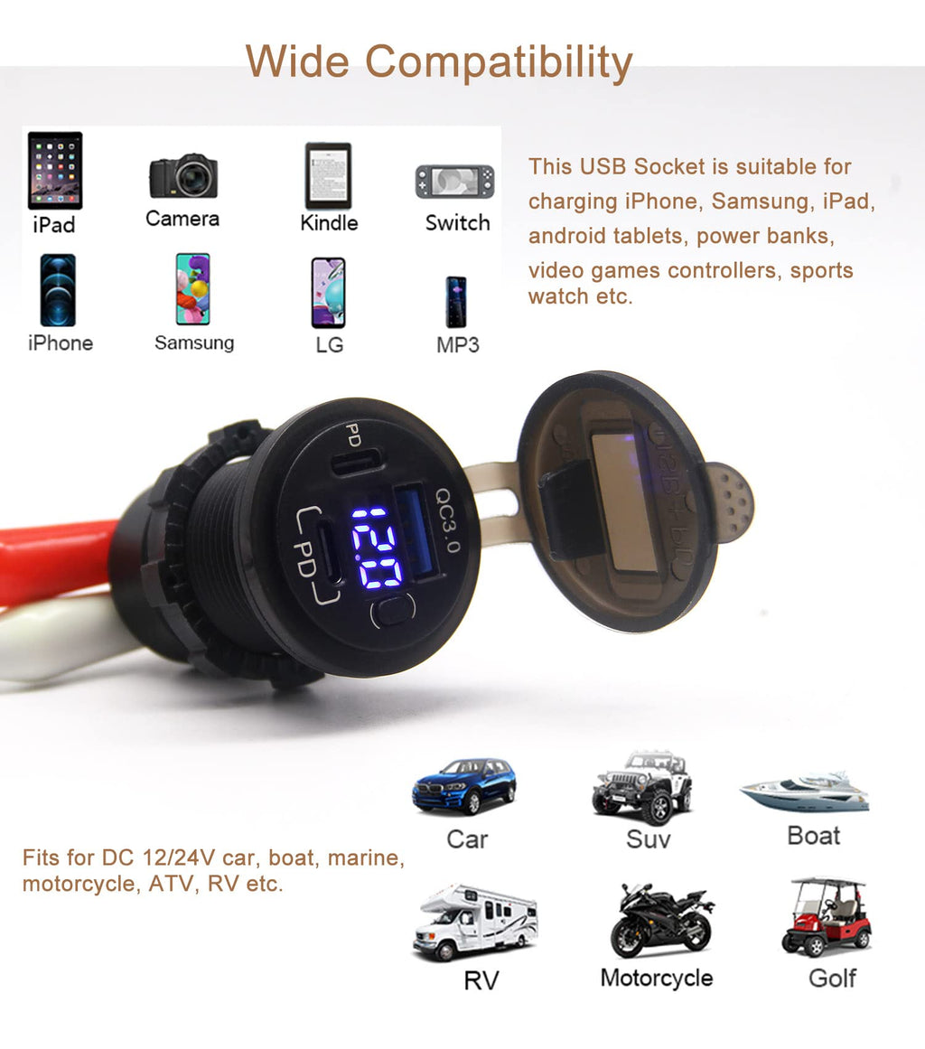 12V USB Outlet, Dual USB C Car Charger Socket & Quick Charge 3.0 Port with Voltmeter and Power Switch for Car Boat Marine Truck