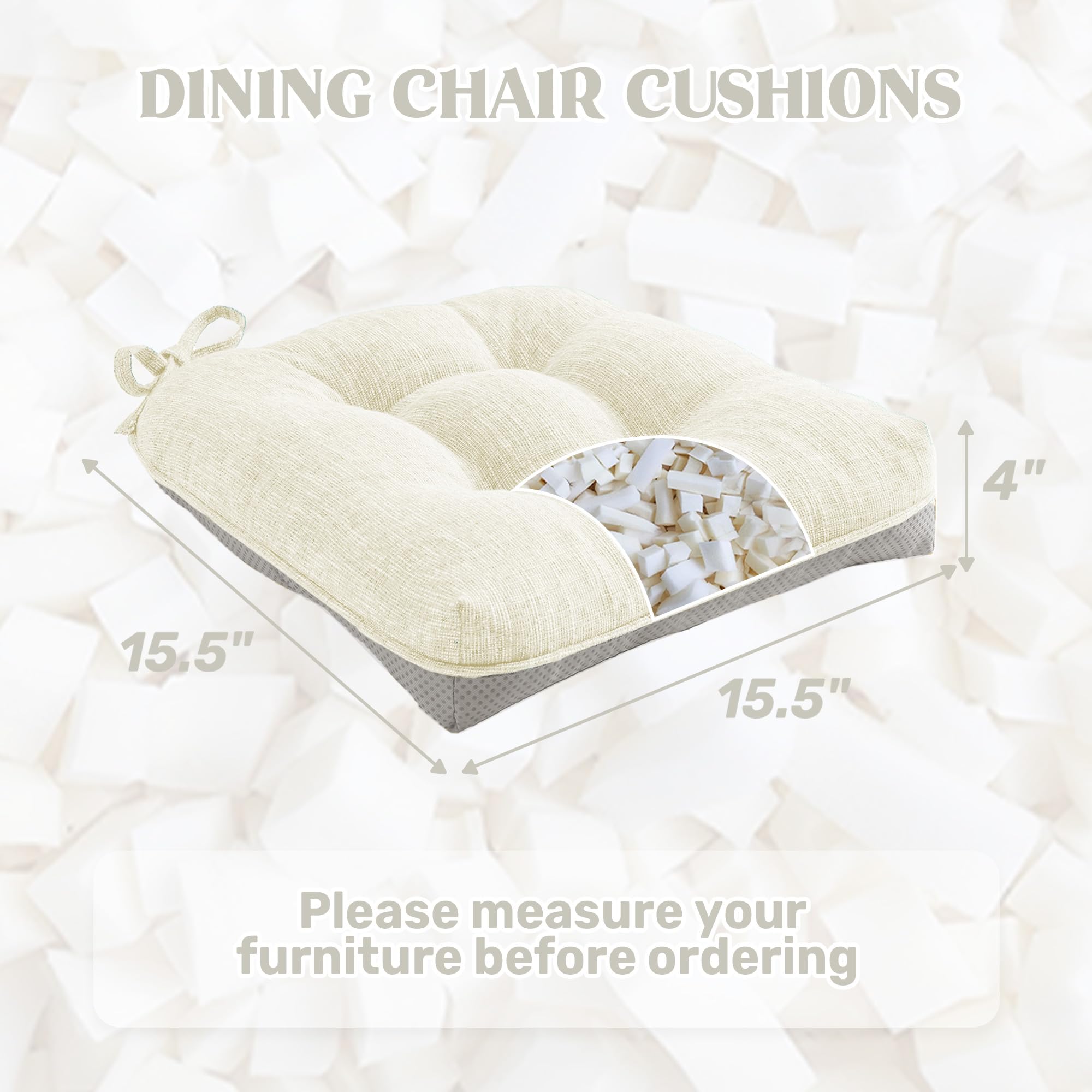 puredown® Chair Cushions for Dining Chairs, Tufted Memory Foam Chair Pads with Non-Slip Backing, Kitchen Seat Cushions with Ties, Washable Seat Pad Set of 4, 15.5" x 15.5" x 4", Light Grey