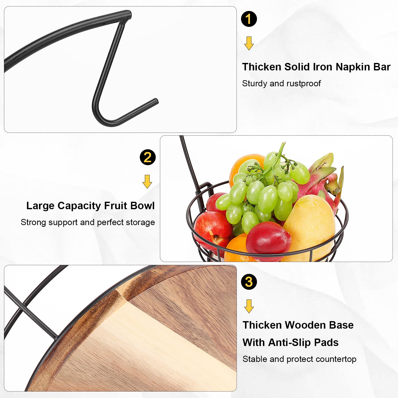 Livabber Countertop Fruit Basket Bowl with Banana Hanger, Modern Standing Fruit Vegetable Bowl Storage, with Banana Tree Holder for Kitchen Dinning Table (Round Marble, Black)