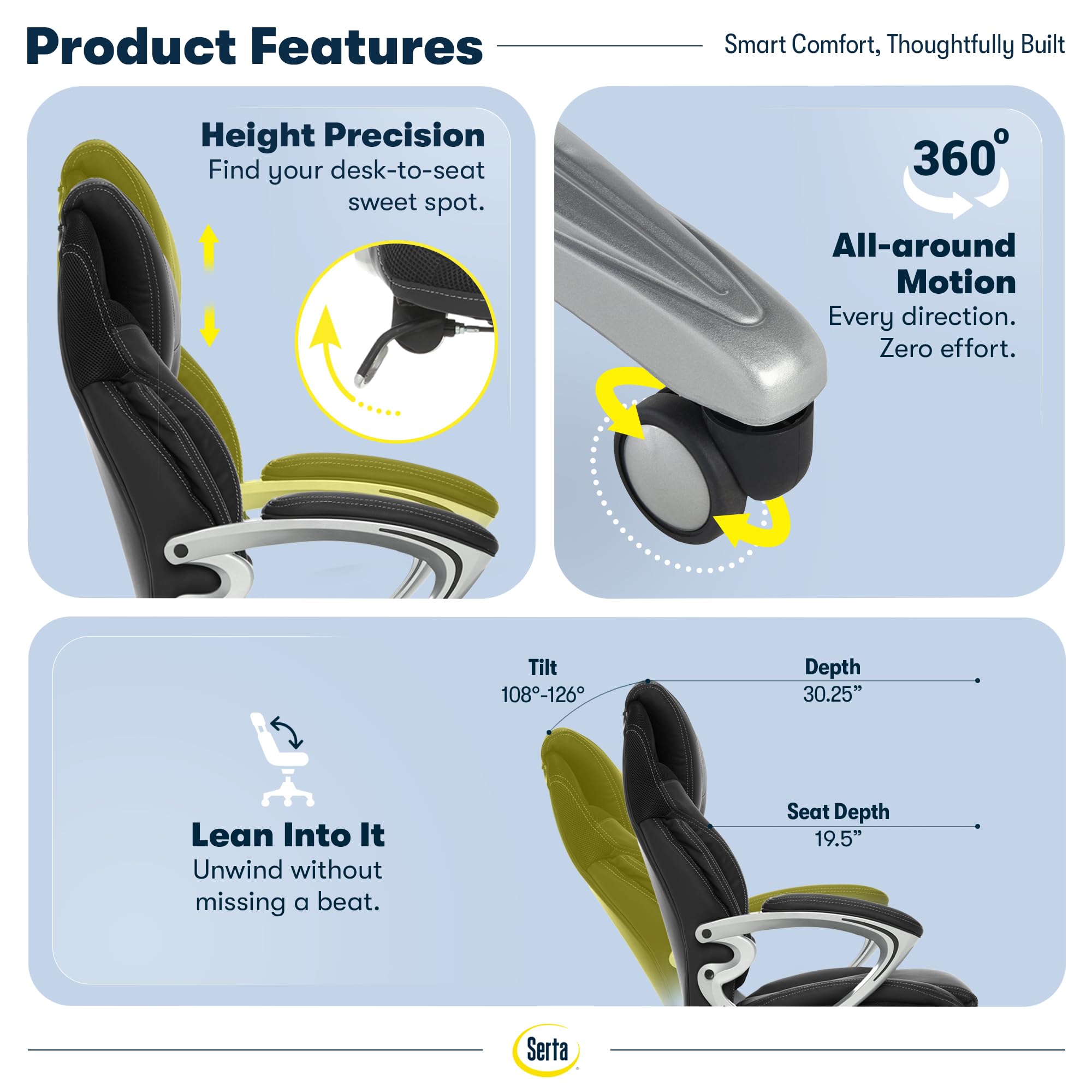 Serta Bryce Executive Office Chair - Ergonomic Computer DeskChair with Lumbar Technology - Adjustable Height - Memory Foam Body Pillows - 360° Swivel Rolling Base - Bonded Leather - Black