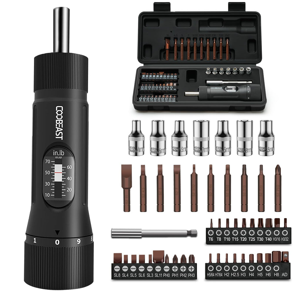 coobeast 13Pcs Preset Torque Screwdriver with S2 Bits, 1/4” Drive Torque Wrench Screwdriver Set for Maintenance, Tools, Bike Repairing and Mounting, Inch Pound Torque Range 10-70 In-lb