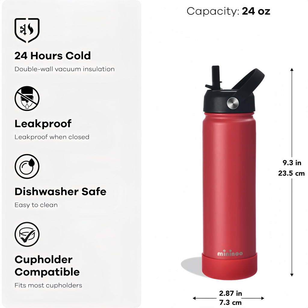 mininoo 24 oz Insulated Water Bottle with Straw Lid, Stainless Steel Double Wall Vacuum, Leak Proof, BPA Free, Keep Cold for 24H & Hot for 12H-2 pack(Black)