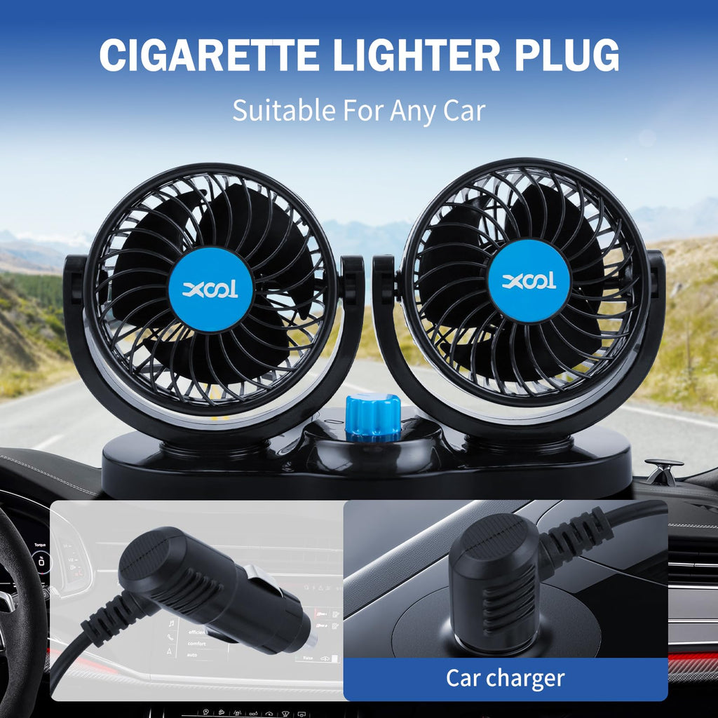 XOOL Clip Car Fan, 9 Inches 12V/24V Fan, 360° Rotatable Electric Cooling Clip on Fan with Stepless Speed Regulation for SUV, RV, Truck