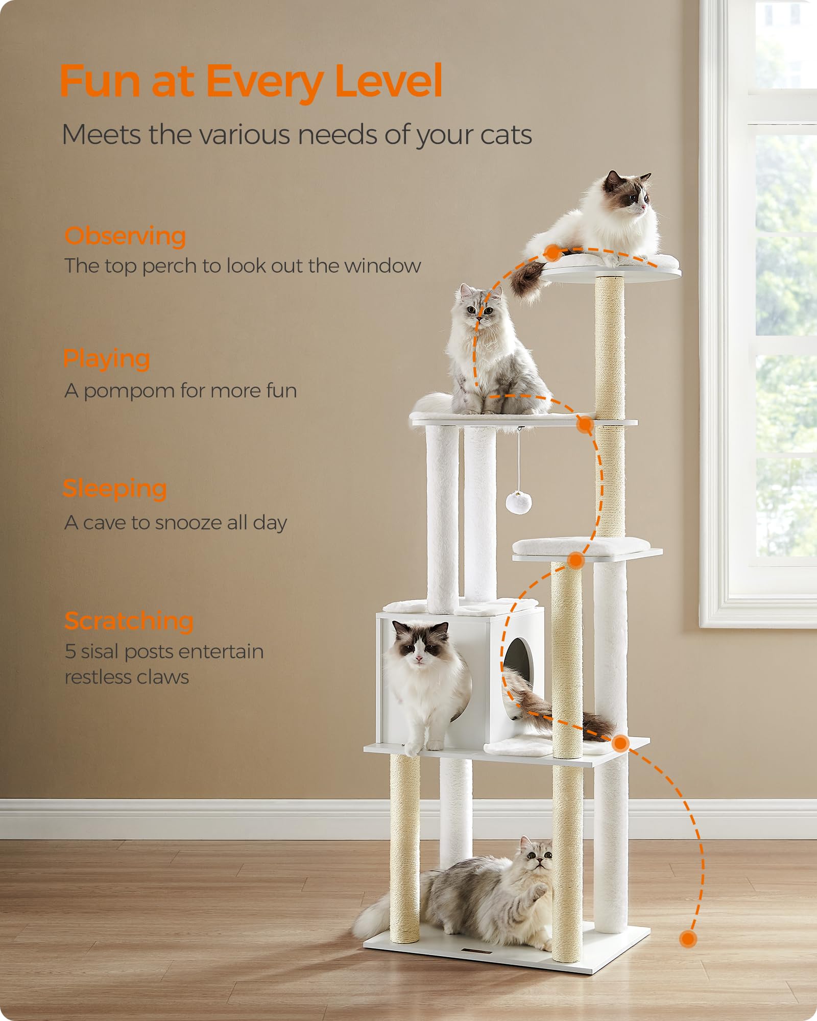 Feandrea Cat Tree, 65-Inch Modern Cat Tower for Indoor Cats, Multi-Level Cat Condo with 5 Scratching Posts, Perch, Washable Removable Cushions, Cat Furniture, Cloud White UPCT166W01