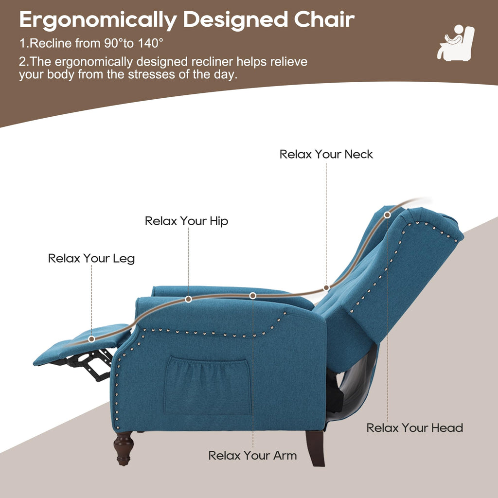 Wingback Chair with Massage and Heat, Tufted Fabric Pushback Recliner Chair, Wingback Recliner Chair with Remote Control, Padded Cushion, Wooden Legs, Small Recliners for Small Spaces