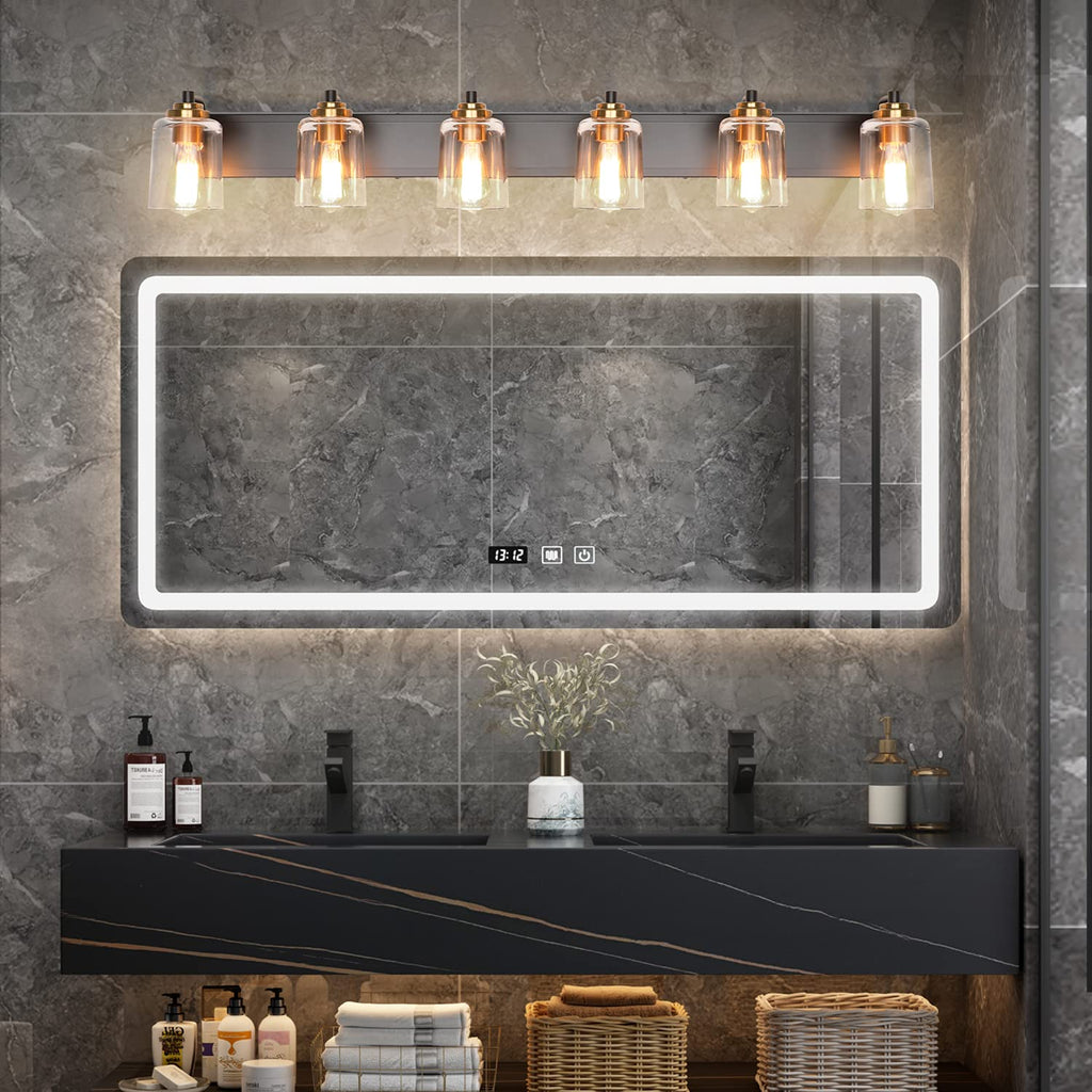 SOLFART 20.1 Inch Black Vintage Bathroom Vanity Light Fixtures Fixtures with Modern Glass Globe Shade Metal Brass Wall Lamp 2 Lights