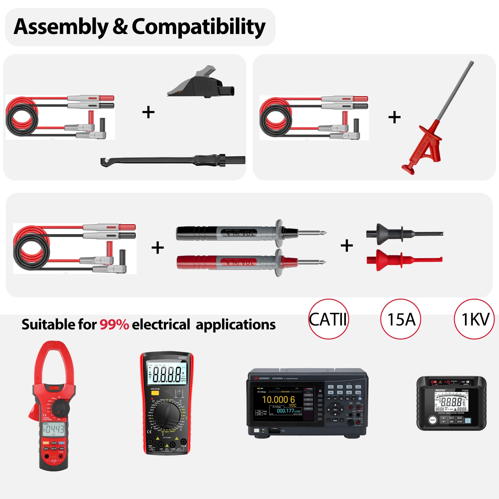 12pc Multimeter Test Leads,Test Leads with Alligator Clips,Test Hook,Banana Plug Leads,Telescopic Testing Hook,Suitable for Fluke, Kaiweets, Innova Multimeter, Voltmeter, Clamp Meter