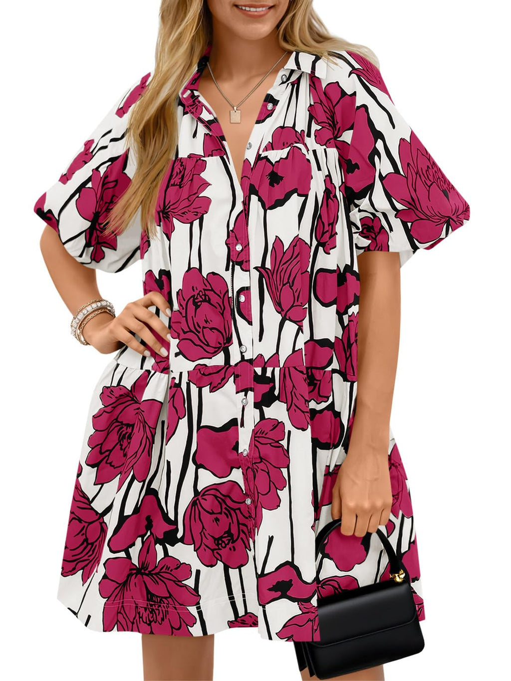 Wenrine Women's Summer Button Down Shirt Dress Floral Puff Short Sleeve Casual Loose Fit Beach Mini Dresses