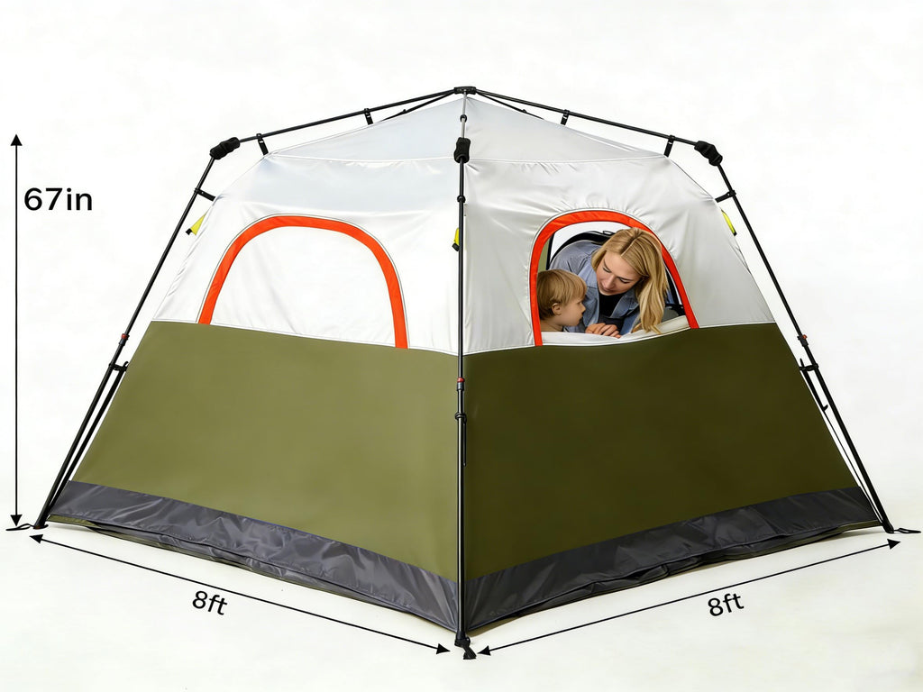 3/4 Person Camping Tent with 1 Door, 4 Windows, and Upgraded Ventilation– Instant Setup, Waterproof, 8'x 8'x 67''Oxford Fabric Floor Pop Up in 60 Seconds Includes Rainfly and Backpack