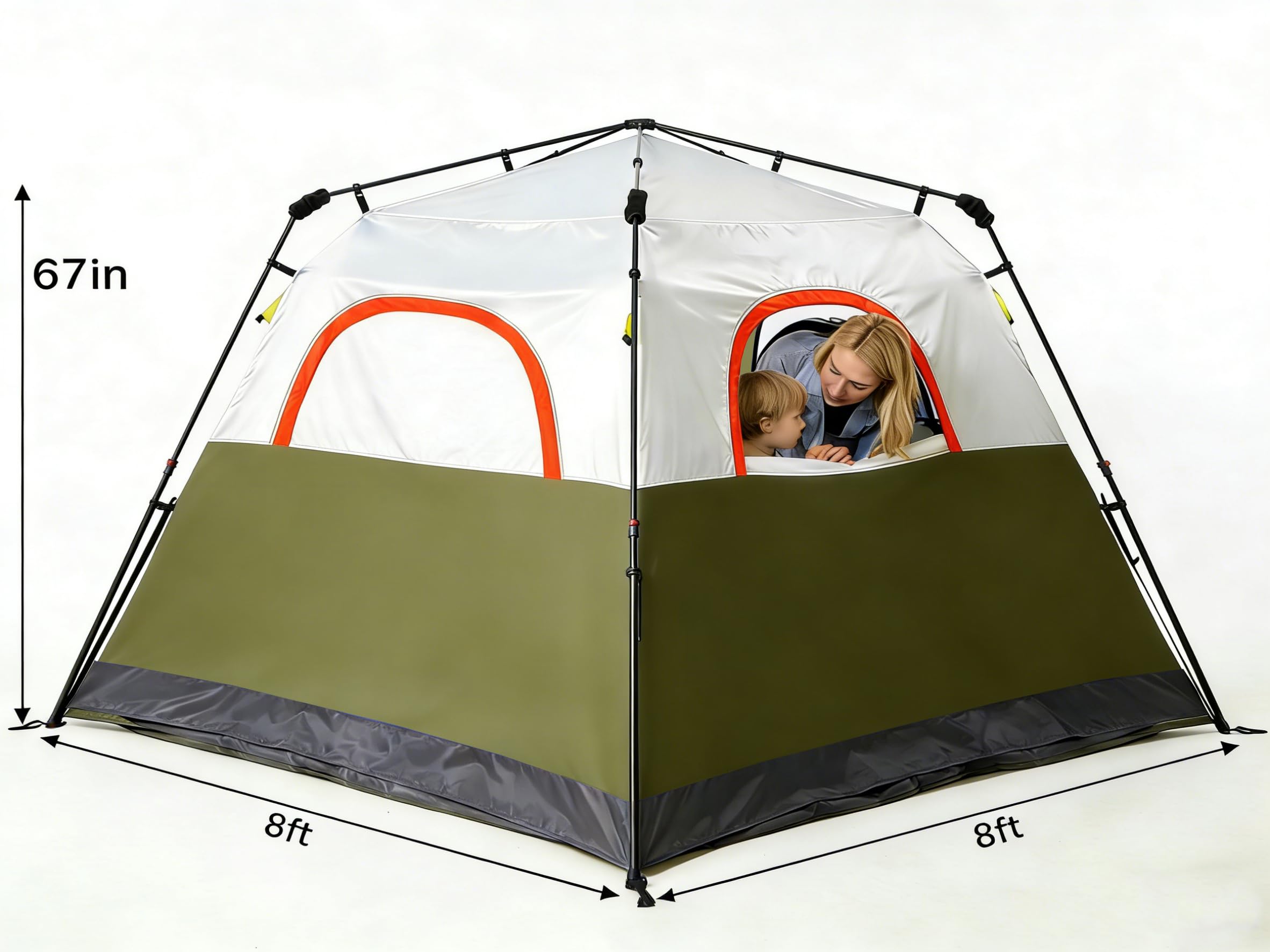 3/4 Person Camping Tent with 1 Door, 4 Windows, and Upgraded Ventilation– Instant Setup, Waterproof, 8'x 8'x 67''Oxford Fabric Floor Pop Up in 60 Seconds Includes Rainfly and Backpack