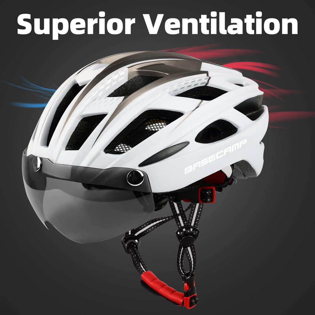Bike Helmet, Basecamp Bicycle Helmet with Rear Light & Detachable Magnetic Goggles Lightweight Cycling Helmet Adjustable for Adult Men Women Mountain & Road (BC-069)