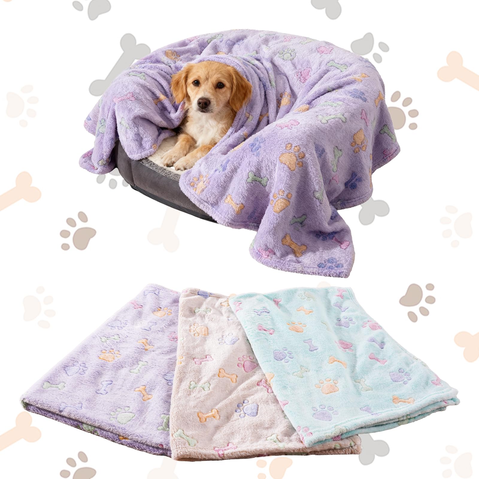 Rezutan 1 Pack 3 Dog Blanket for Large Dogs,41x31 inch for Medium Soft Fluffy Washable Pet Cat Blankets,Reversible Elephant & Paw Print for Dog Kennels & Beds, Sofas, Blue
