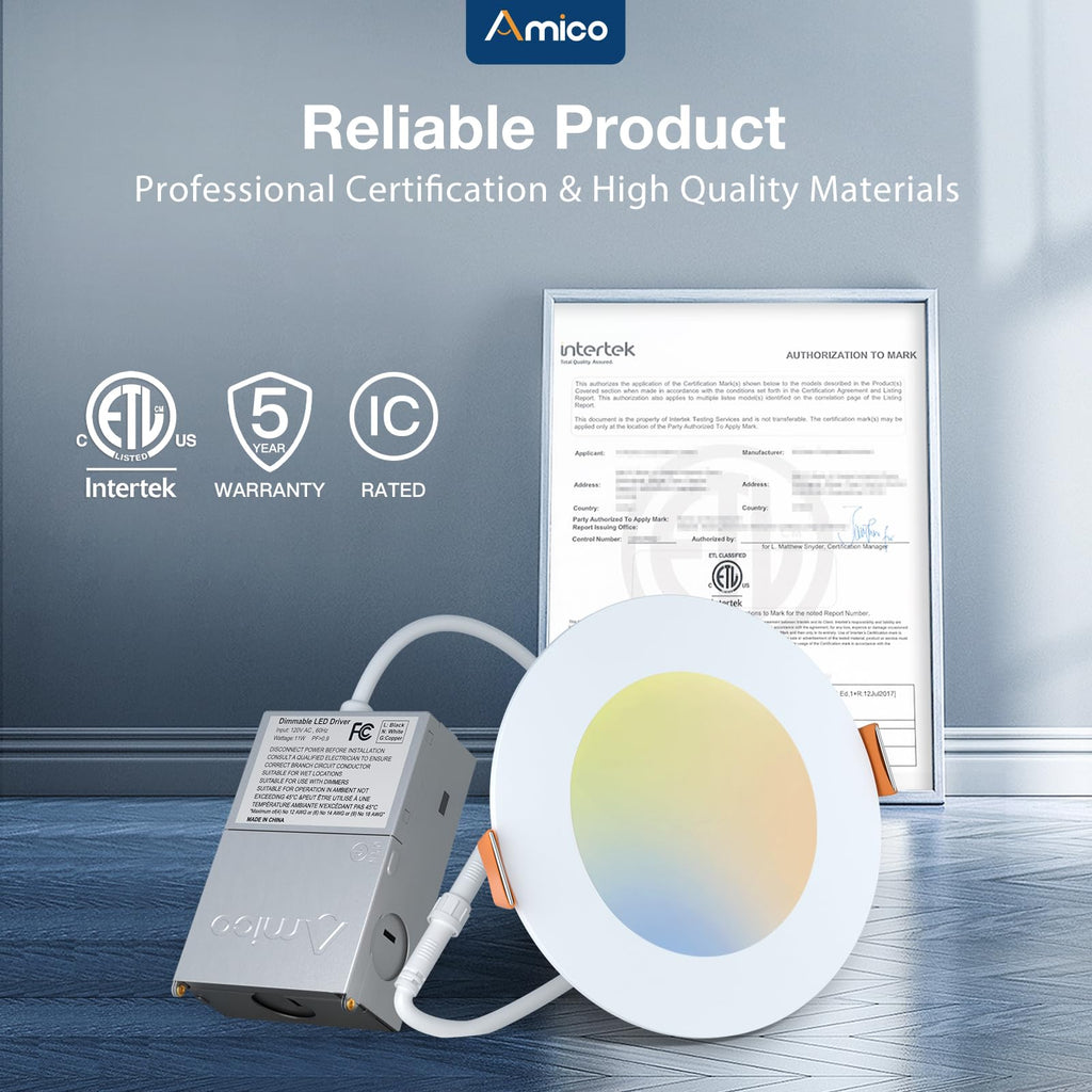 Amico 6 Pack 3 Inch 5CCT Ultra-Thin LED Recessed Ceiling Light with Junction Box, 2700K/3000K/3500K/4000K/5000K Selectable, 7W Eqv 60W 500LM Brightness Dimmable Canless Wafer Downlight, ETL
