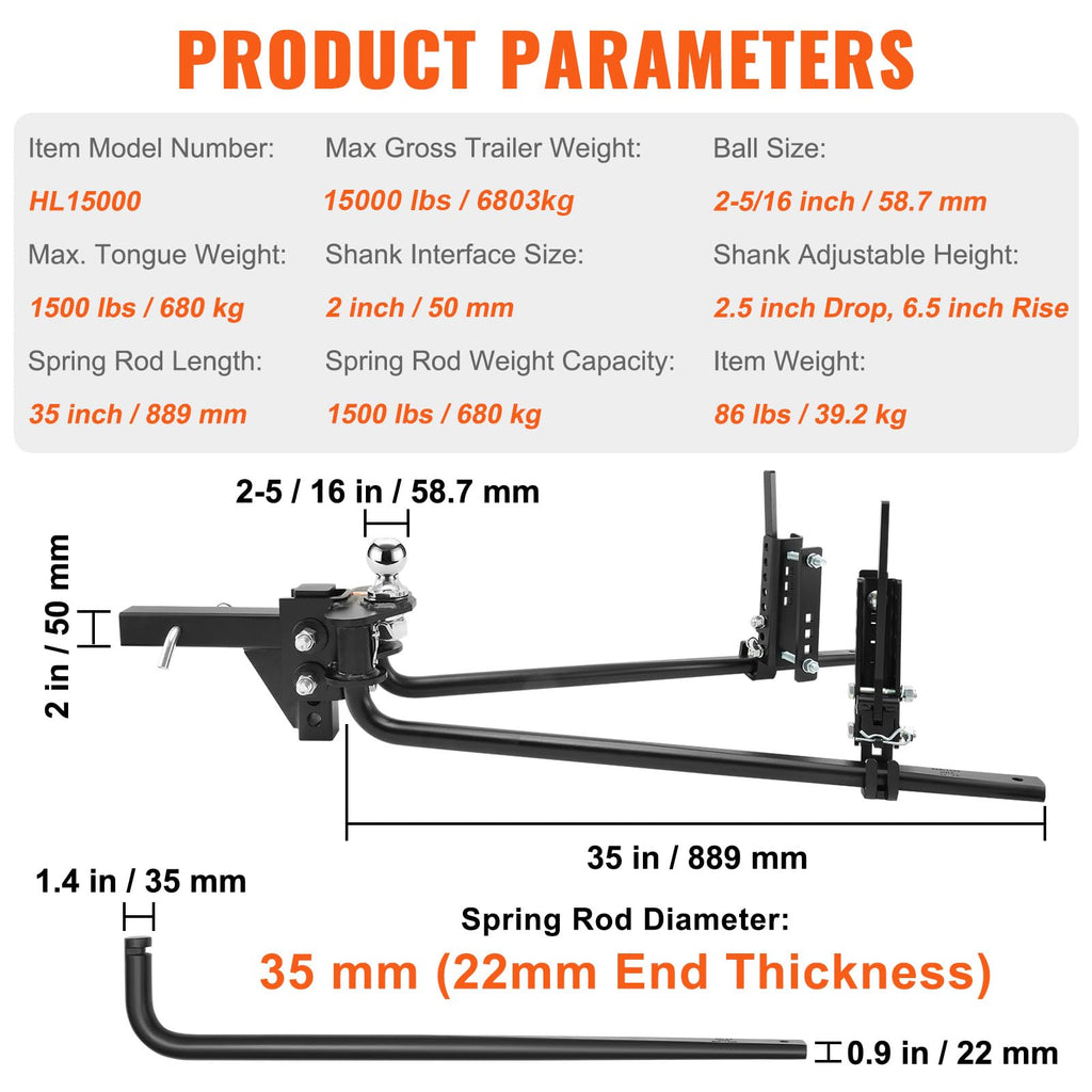 VEVOR Sway Control Weight Distribution Hitch, 1,500 lbs Capacity, Trailer Hitch Kit with 2-Inch Solid Steel Shank, 2-5/16 Inch Alloy Steel Ball, Powder-Coated Load Leveling, Black