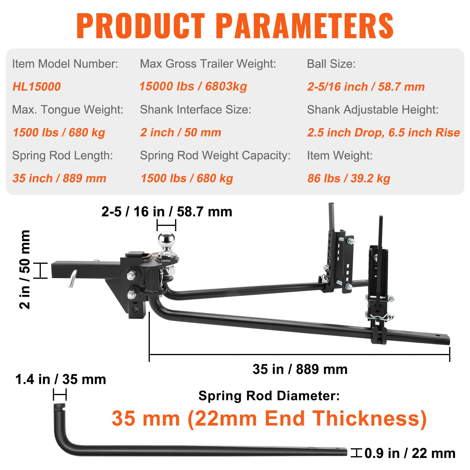 VEVOR Sway Control Weight Distribution Hitch, 1,500 lbs Capacity, Trailer Hitch Kit with 2-Inch Solid Steel Shank, 2-5/16 Inch Alloy Steel Ball, Powder-Coated Load Leveling, Black