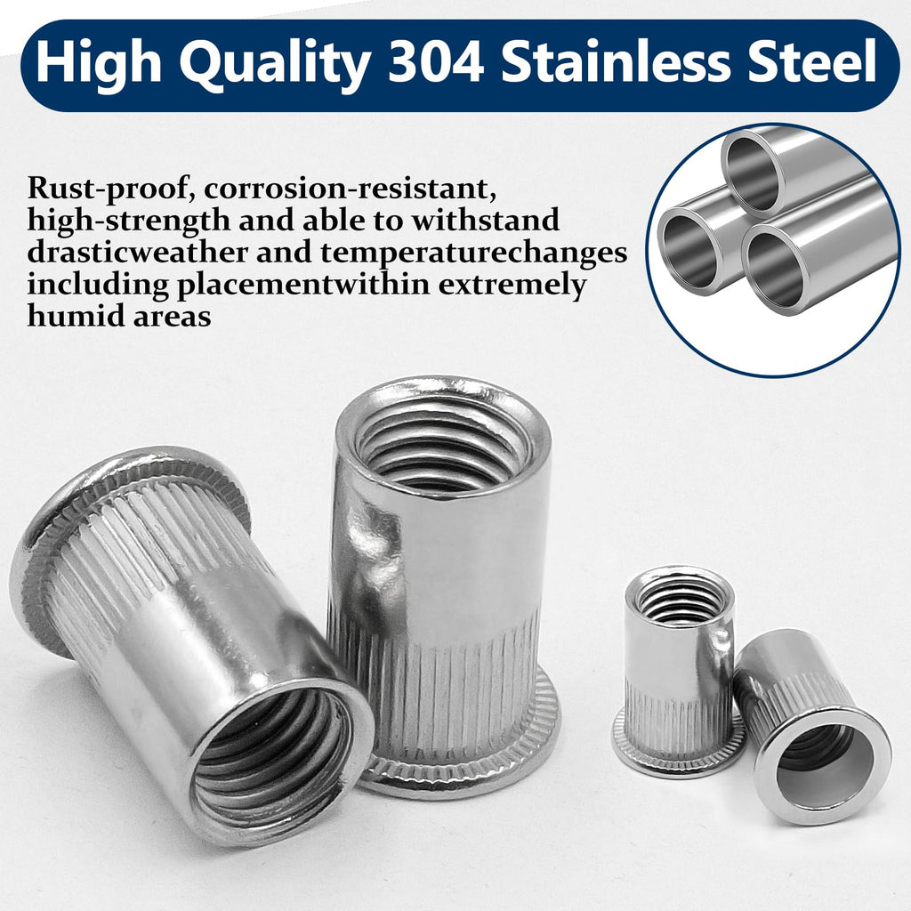 1/2''-13 UNC Rivet Nut, 10Pcs 304 Stainless Steel Flat Head Rivnut Threaded Insert Nutsert