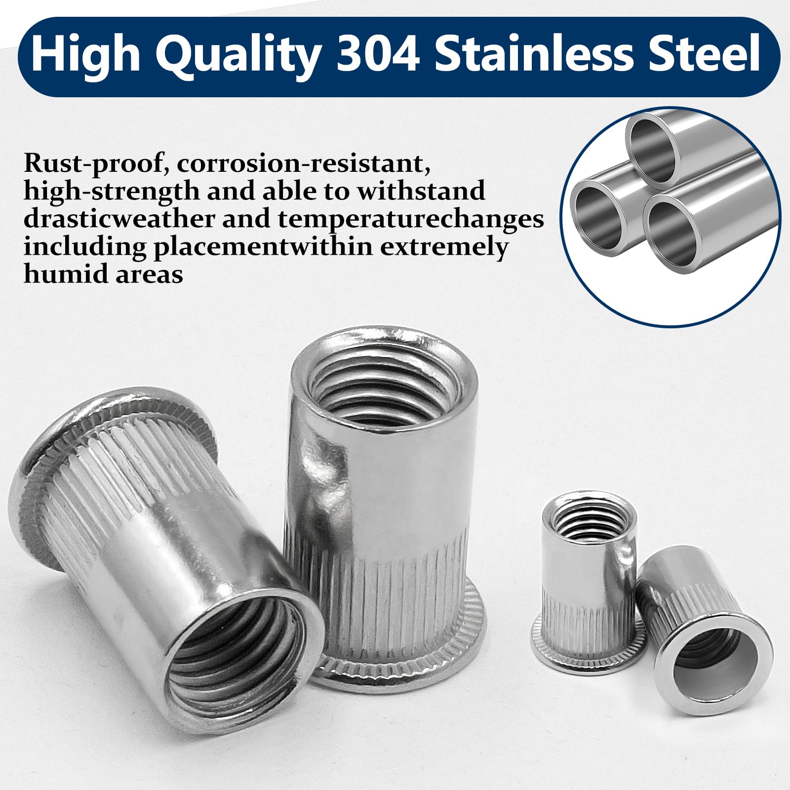 1/2''-13 UNC Rivet Nut, 10Pcs 304 Stainless Steel Flat Head Rivnut Threaded Insert Nutsert