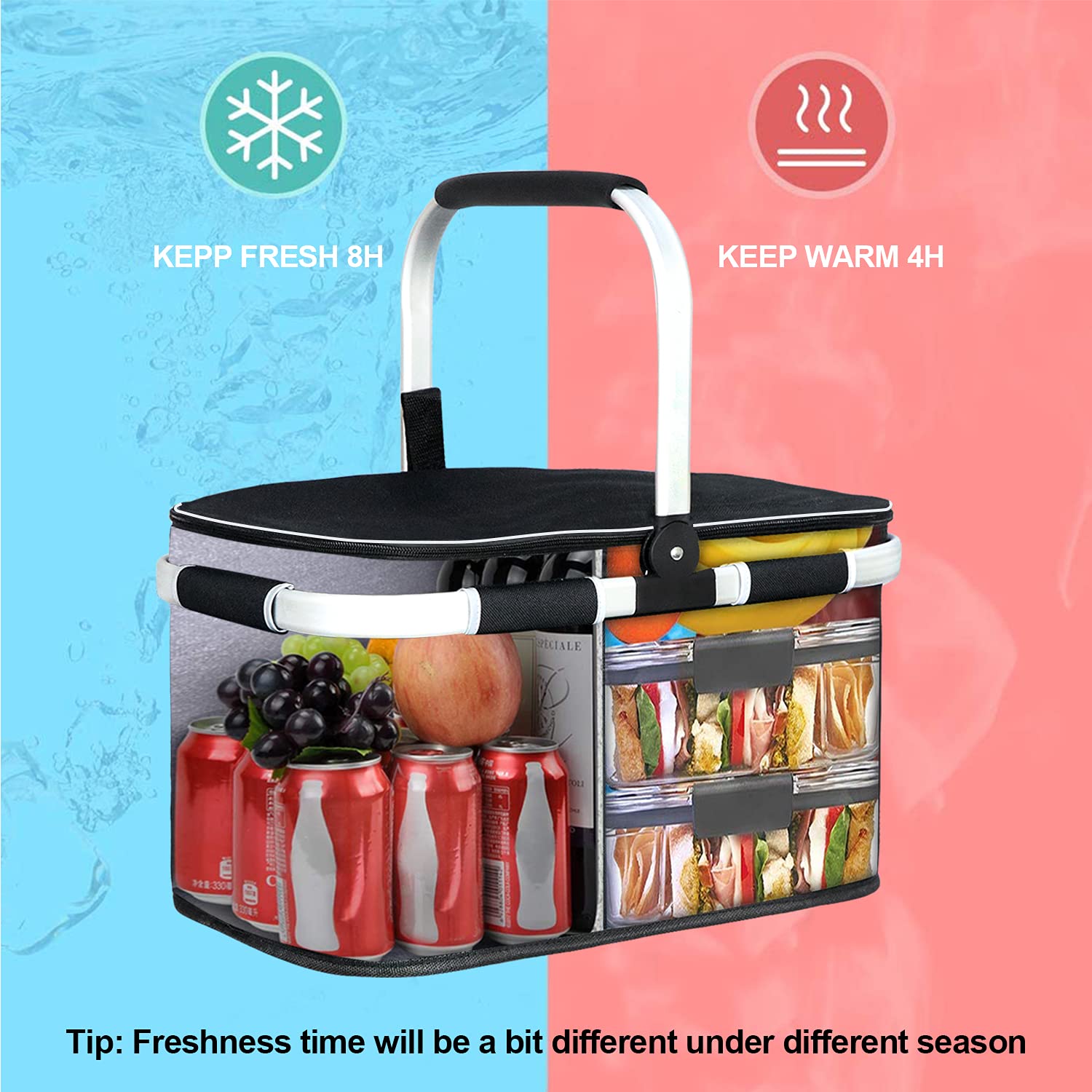 LIQING 35L Large Picnic Basket 2 Layers of Internal Pockets Leak-Proof and Insulated ，Folding with Internal Support for enhansed Stability, Wedding Gifts for Couple(Black)