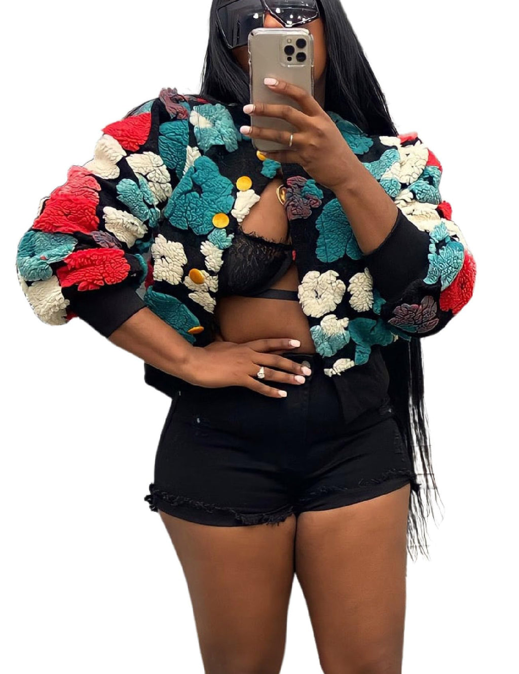 Womens Cropped Floral Print Jacket Warm Fleece Bomber Jacket Casual Button Down Coats Fall Puff Outerwears
