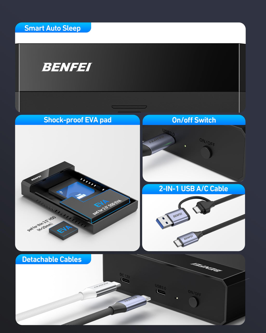 BENFEI 2.5 Inch SATA to USB Tool Free External Hard Drive Enclosure (6Gbps, Optimized for SSD, Support UASP SATA III)