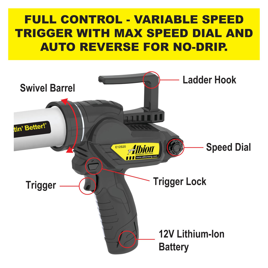Albion Engineering E12S20 B-Line Cordless Sausage Caulking Gun, No Drip, 12V, 20 oz