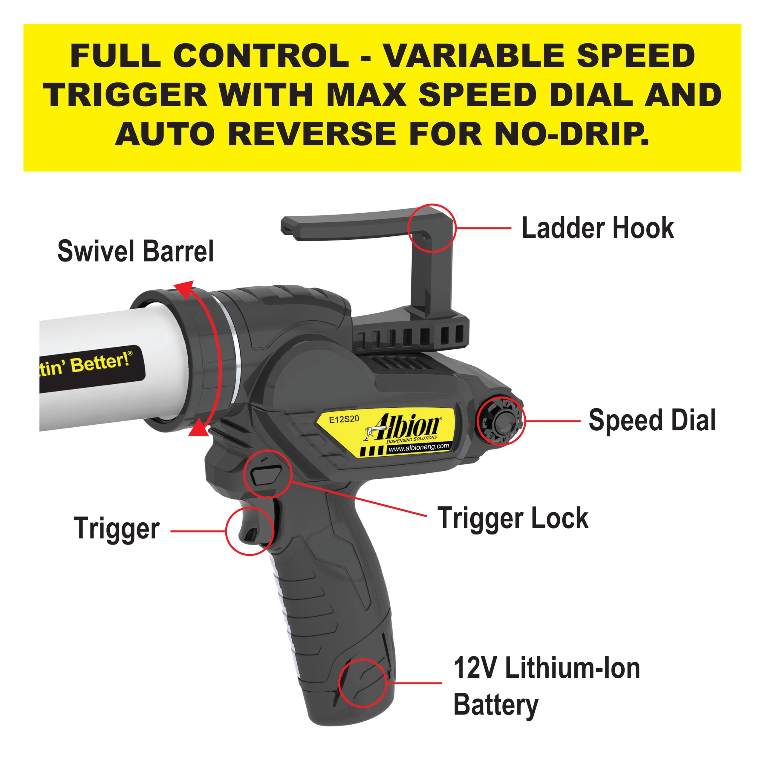 Albion Engineering E12S20 B-Line Cordless Sausage Caulking Gun, No Drip, 12V, 20 oz