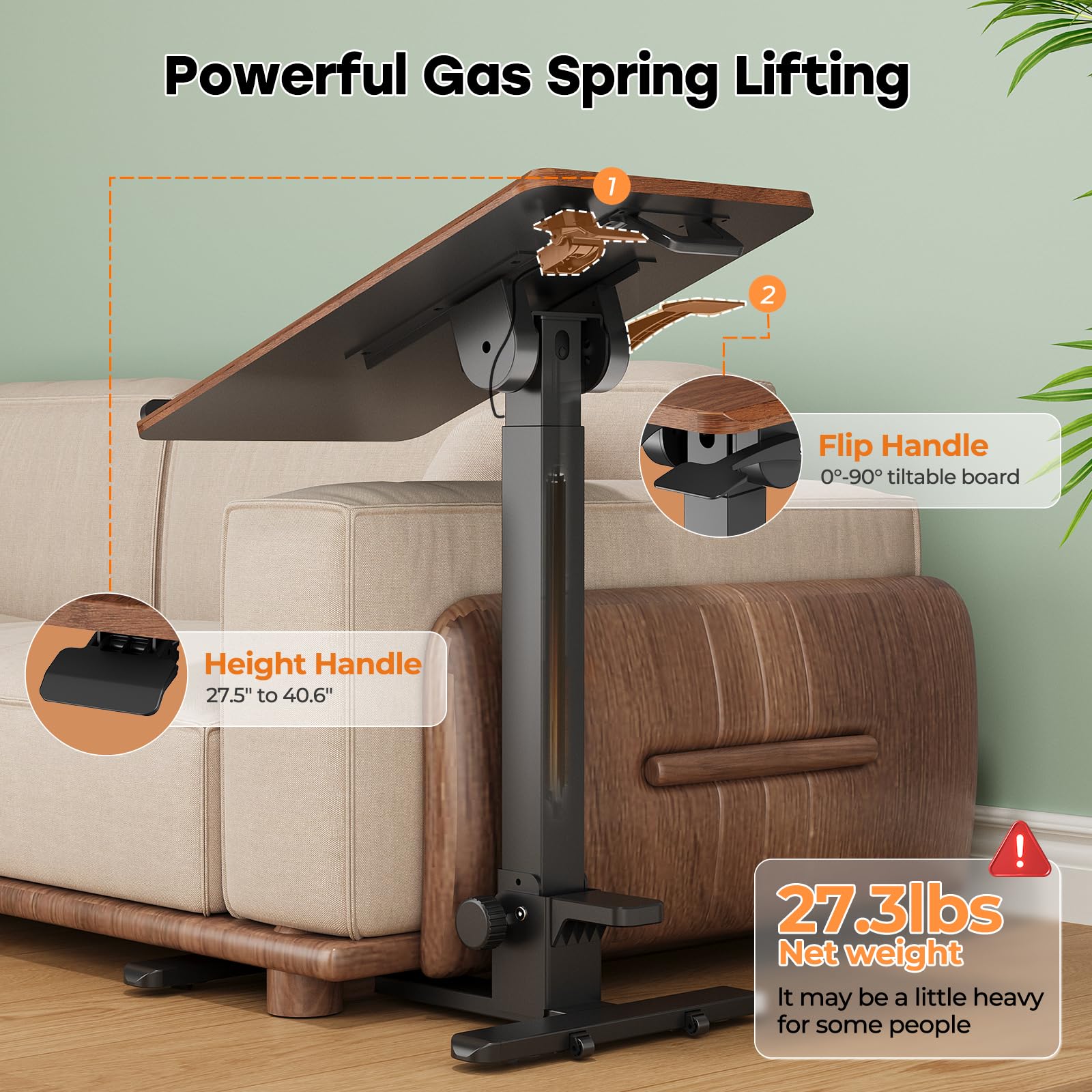 Foldable Mobile Standing Desk, 27 Inch Small Rolling Laptop Cart Height Adjustment, 90° Tiltable Sofaside Table, No Assembly Needed Portable Computer Workstation, Black