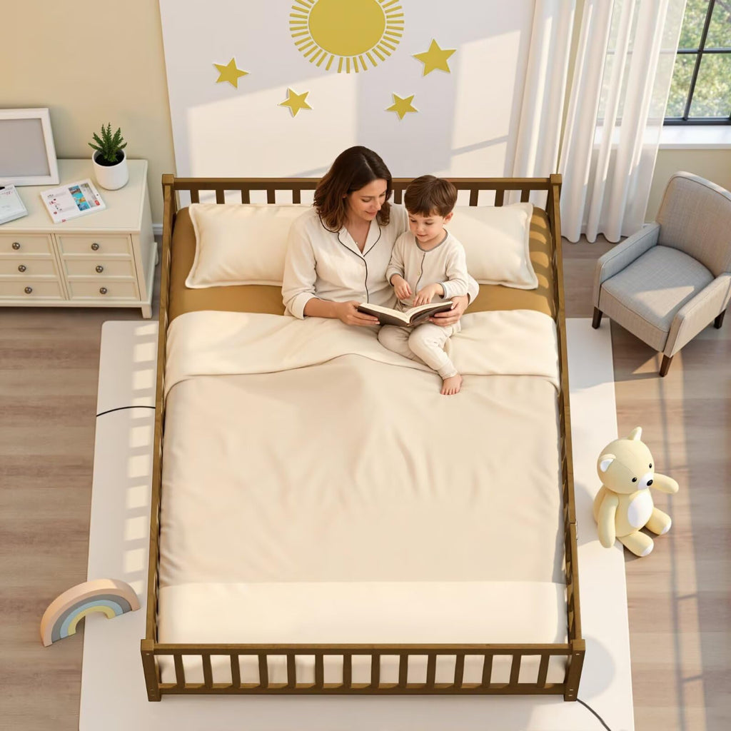 i-POOK Queen Floor Bed for Children, Sturdy Wood Montessori Bed Frame with Wood Slats, High Fence & Small Door for Girls and Boys, Espresso (with Bed Slats)