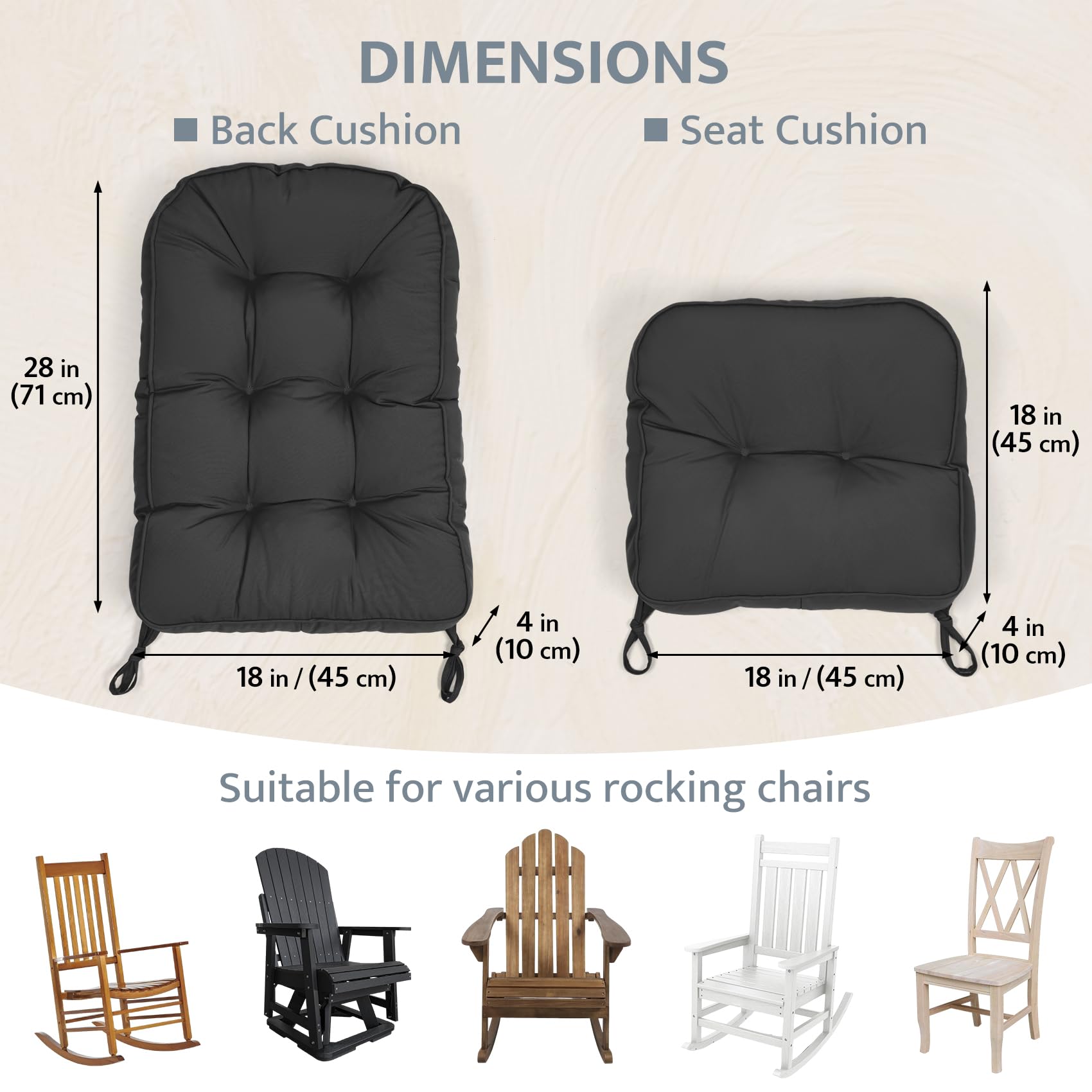mudilun Rocking Chair Cushion - Non-Slip Tufted 4-Inch Thickened Rocking Chair Cushions with Ties Indoor/Outdoor Wooden Rocking Chair Pad for Living Rooms, Bedrooms, and Balconies
