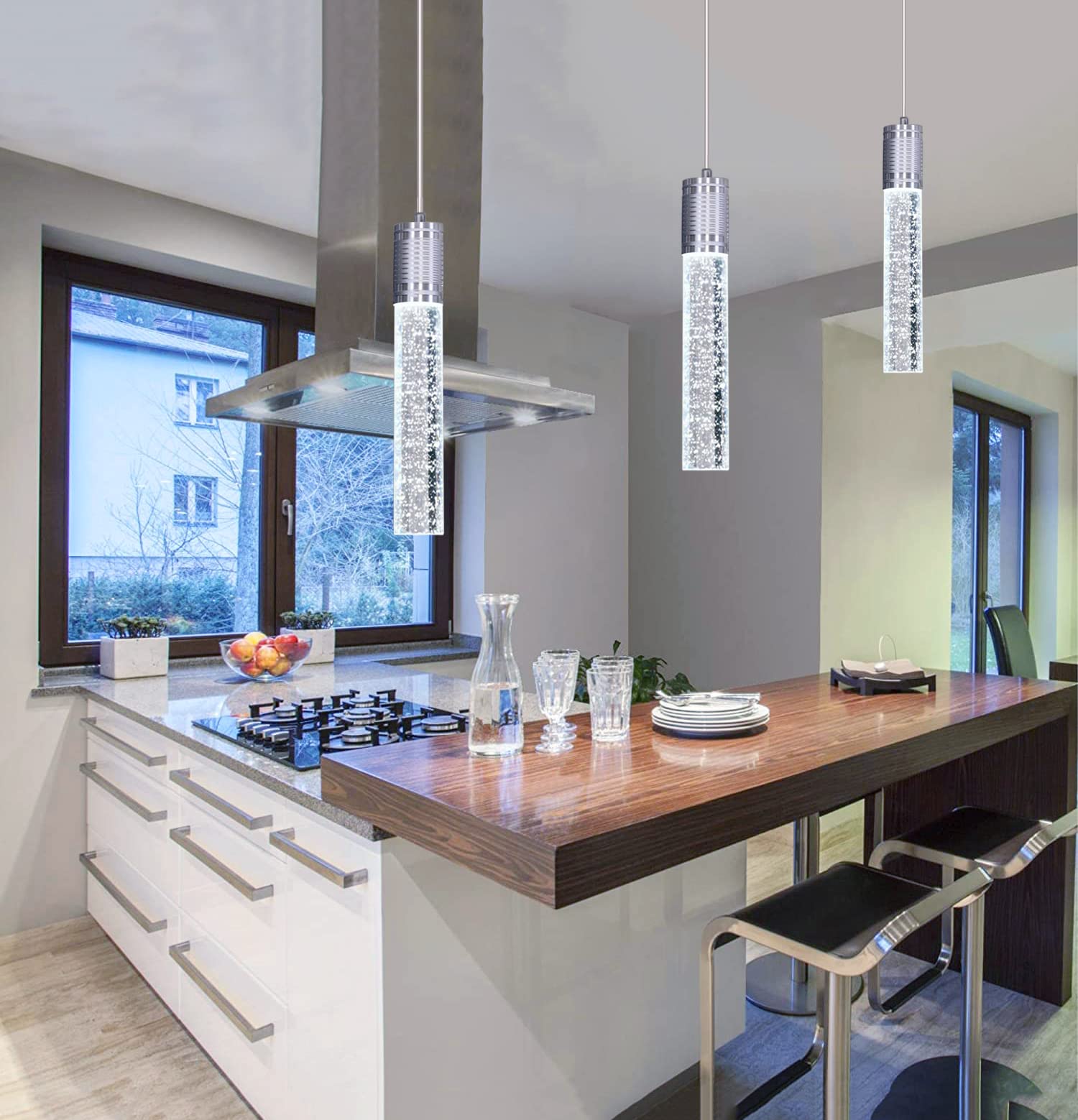 HAIXIANG Modern Kitchen Island Hanging Light Fixtures Crytstal Pendant Lighting for Kitchen Island Chrome Mini Chandelier with 6000K Daylight Bulb