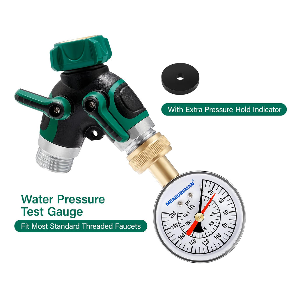 MEASUREMAN 2" Water Pressure Test Gauge, 3/4" Female Hose Thread, 0-200 psi/kpa with Maximum Pressure Memory (Pack of 2)