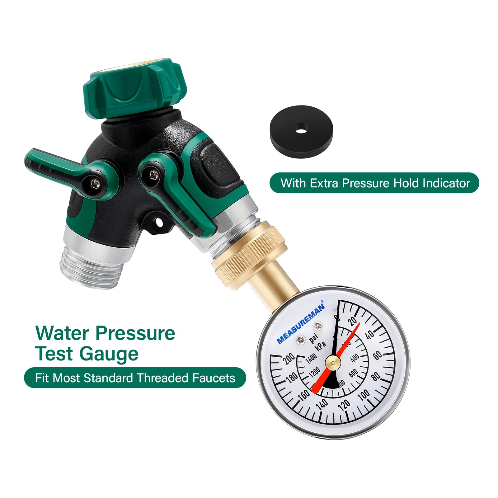 MEASUREMAN 2" Water Pressure Test Gauge, 3/4" Female Hose Thread, 0-200 psi/kpa with Maximum Pressure Memory (Pack of 2)