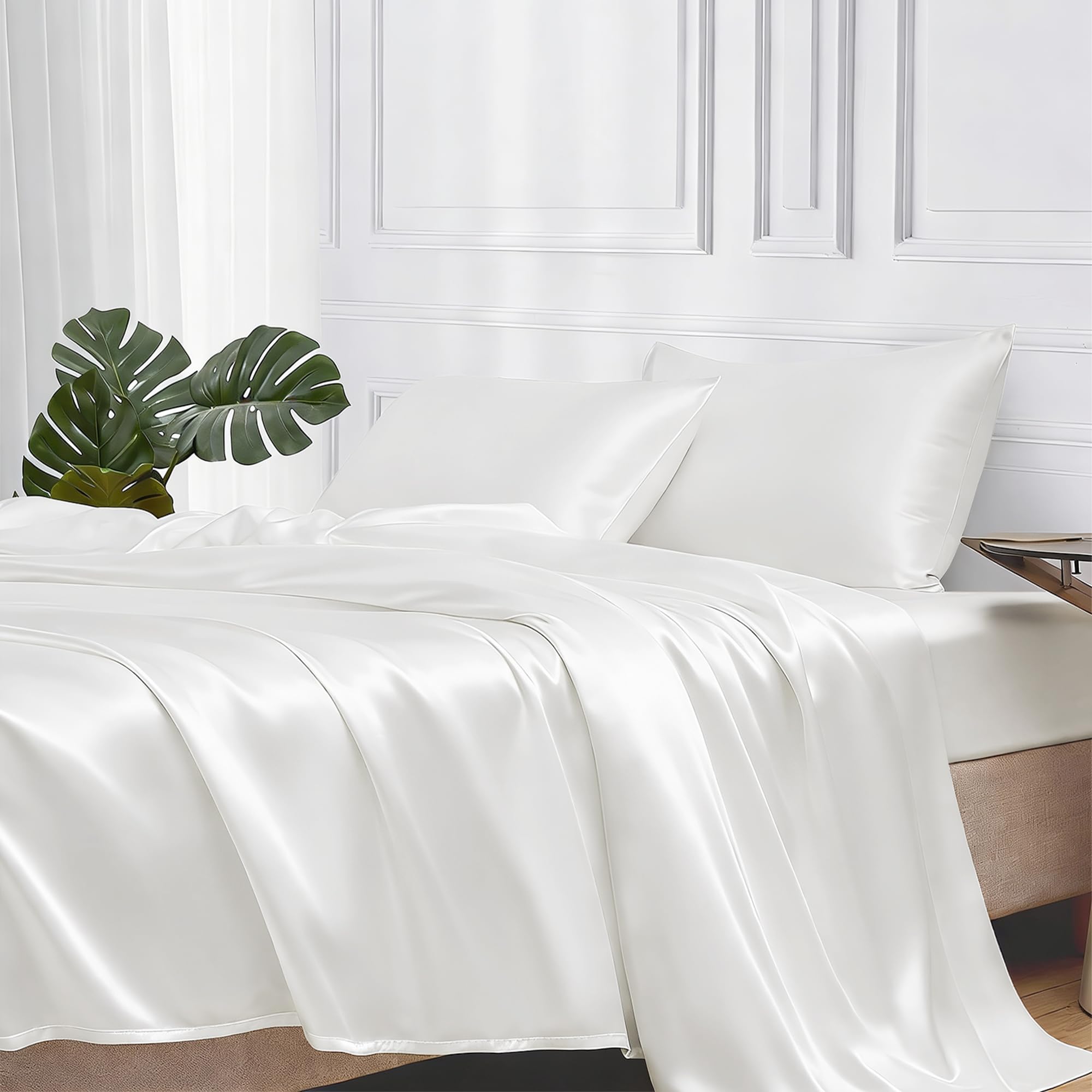 MR&HM Satin Sheets with Elastic Corner Straps, Twin Size 3-Piece Silky Bedding Set, Deep Pocket 15 Inches, Good for Hair & Skin (Twin, Black)
