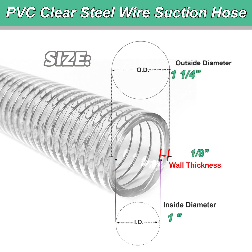 1"id-5ft PVC Reinforced Tubing Steel Wire Suction Flexible Hose Vinyl Tubing Heavy Duty PVC Vacuum Hose Drain Fuel Oil Gas Water for Marine Bilge Pump Pond Spa