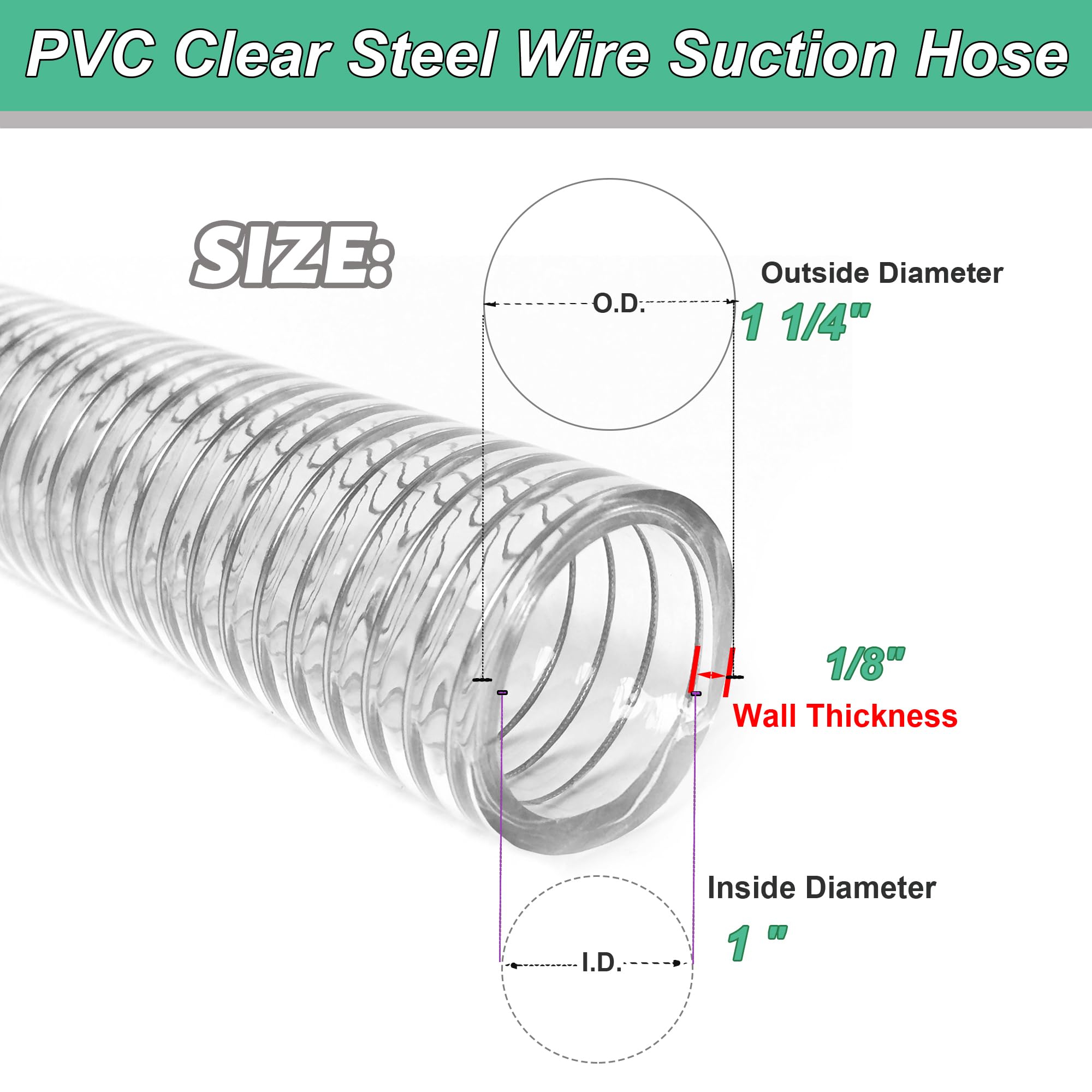1"id-5ft PVC Reinforced Tubing Steel Wire Suction Flexible Hose Vinyl Tubing Heavy Duty PVC Vacuum Hose Drain Fuel Oil Gas Water for Marine Bilge Pump Pond Spa