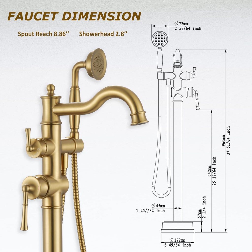 Freestanding Floor Mount Tub Filler with Handheld Shower Roman Bathtub Faucet by Brushed Gold Finish, Swivel Spout with Brass Rough-in and Water Hose