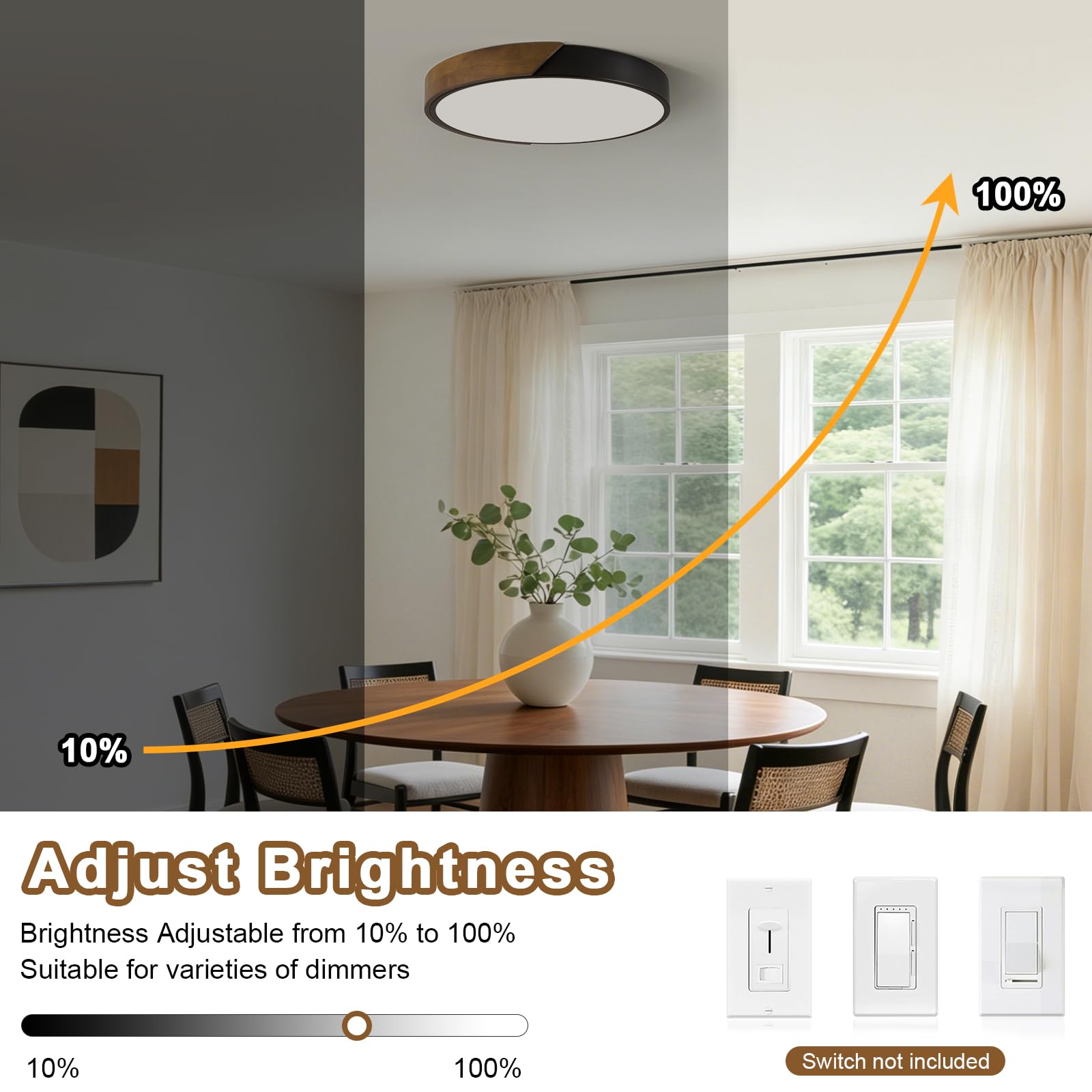 Modern LED Ceiling Light, Minimalist Wood Dimmable Flush Mount Ceiling Light Fixture, Round 5CCT Lighting Lamp with Acrylic Lampshade for Bedroom Hallway Kitchen Laundry, Black 11.8"