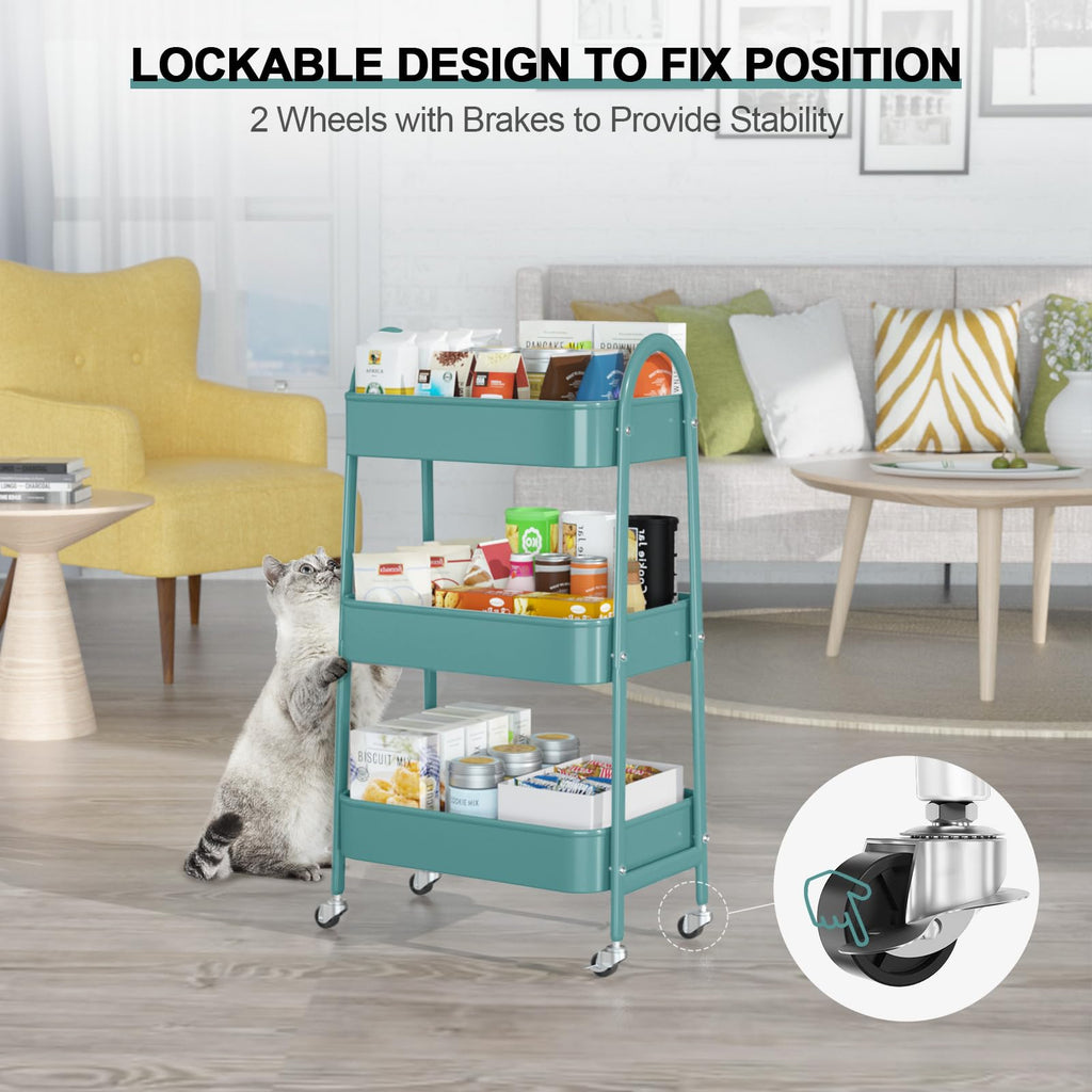 EAGMAK 3 Tier Rolling Cart, Large Metal Storage Cart with Handle and Lockable Wheels, Big Multifunctional Storage Organizer Trolley with Mesh Baskets for Kitchen, Living Room, Office, Garage (Beige)