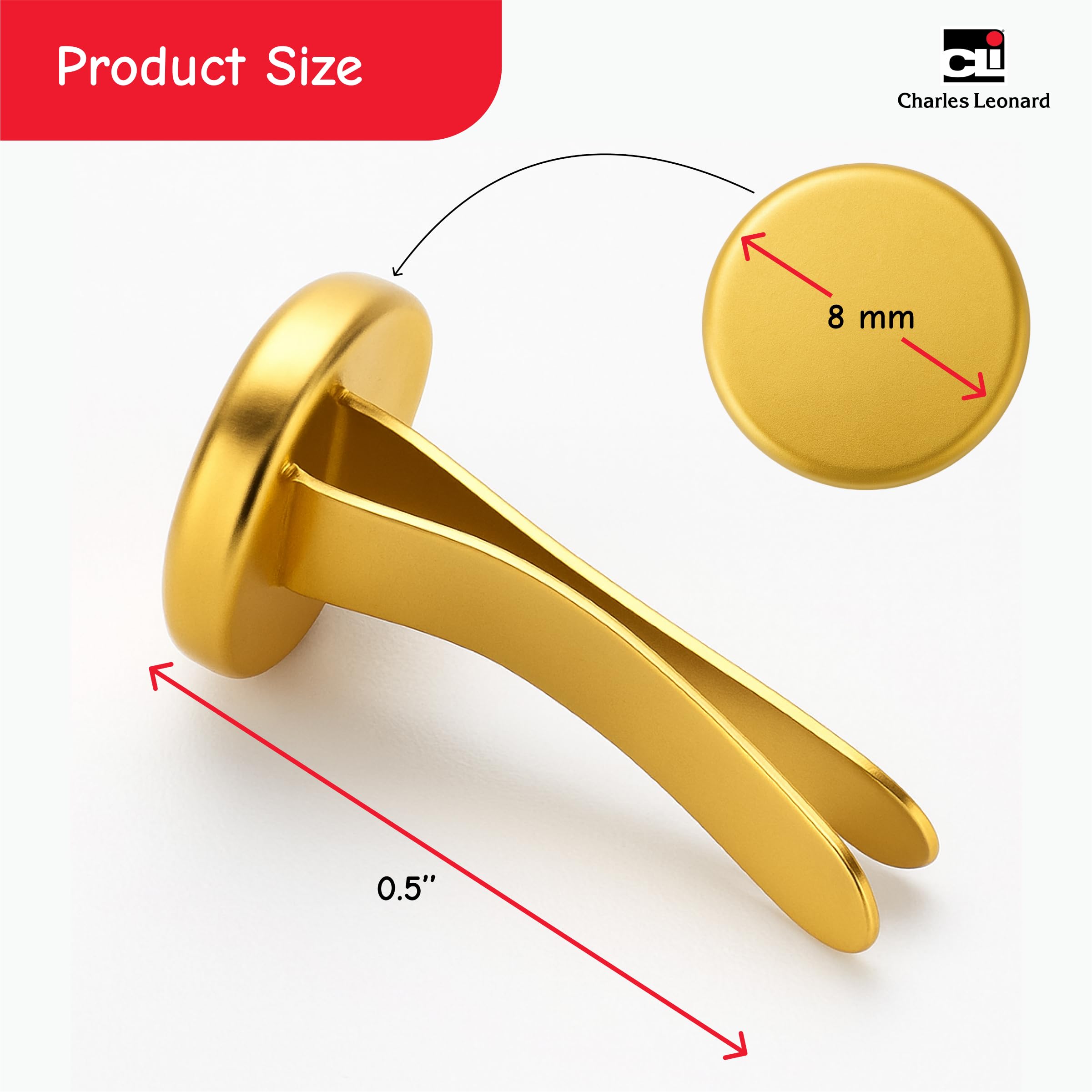 Charles Leonard Fasteners, Round Head, Brass Plated, 1/2 Inch Shank, 8 MM Head, 100-Pack (2R-BP)
