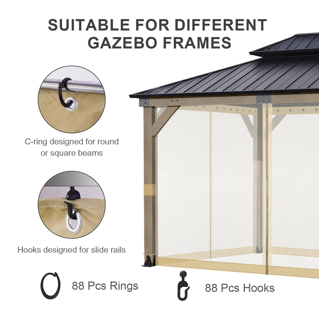 BPS 10' x 10' Gazebo Universal Mosquito Netting Screen Replacement, 4-Panel Mesh Screen Walls with Double Zippers for Outdoor Patio, Khaki (Mosquito Net Only)
