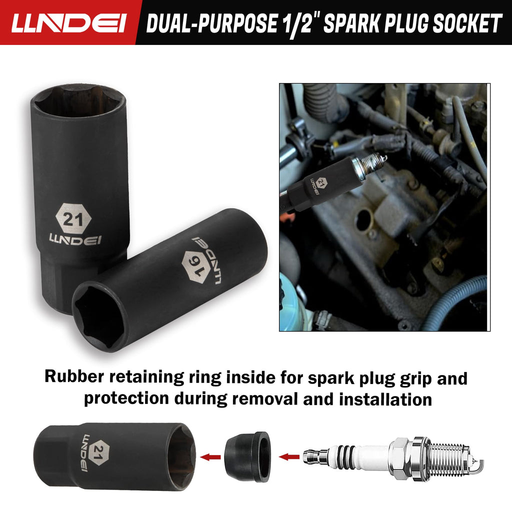 LLNDEI 1/2 inch Drive Deep Impact Socket Set, 37 Piece Standard SAE 3/8" to 1-1/4" | Metric 8 to 24mm, Includes Spark Plug Socket (16, 21mm), CR-MO Universal Joint, Extension Bars and Adapter