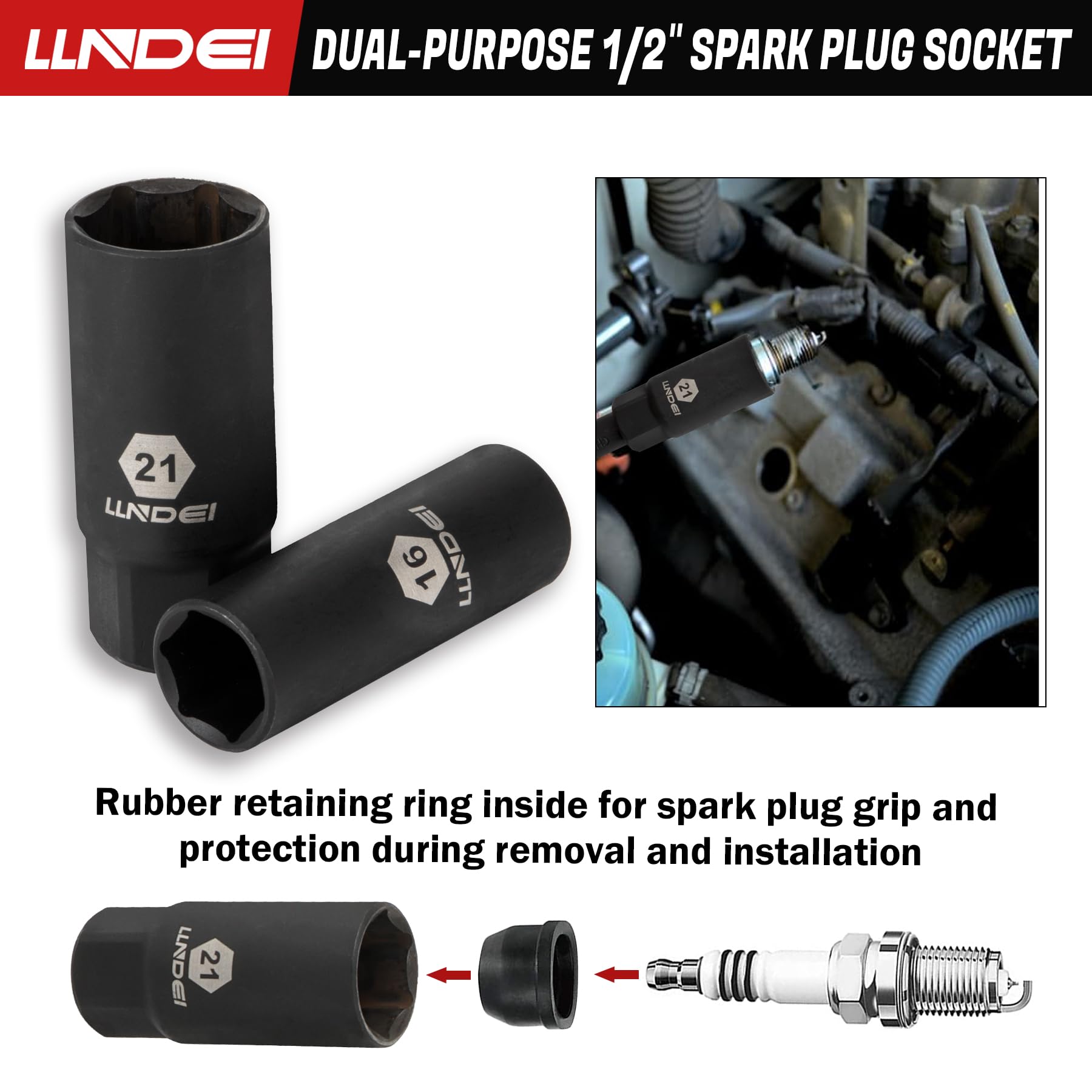 LLNDEI 1/2 inch Drive Deep Impact Socket Set, 37 Piece Standard SAE 3/8" to 1-1/4" | Metric 8 to 24mm, Includes Spark Plug Socket (16, 21mm), CR-MO Universal Joint, Extension Bars and Adapter