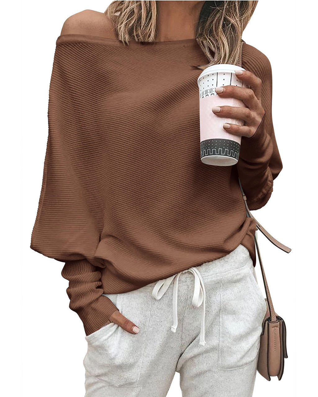 Zenlonr Women's Fall Sweaters 2026 Casual Long Batwing Sleeve Loose Off Shoulder Knit Pullovers Jumper Tops