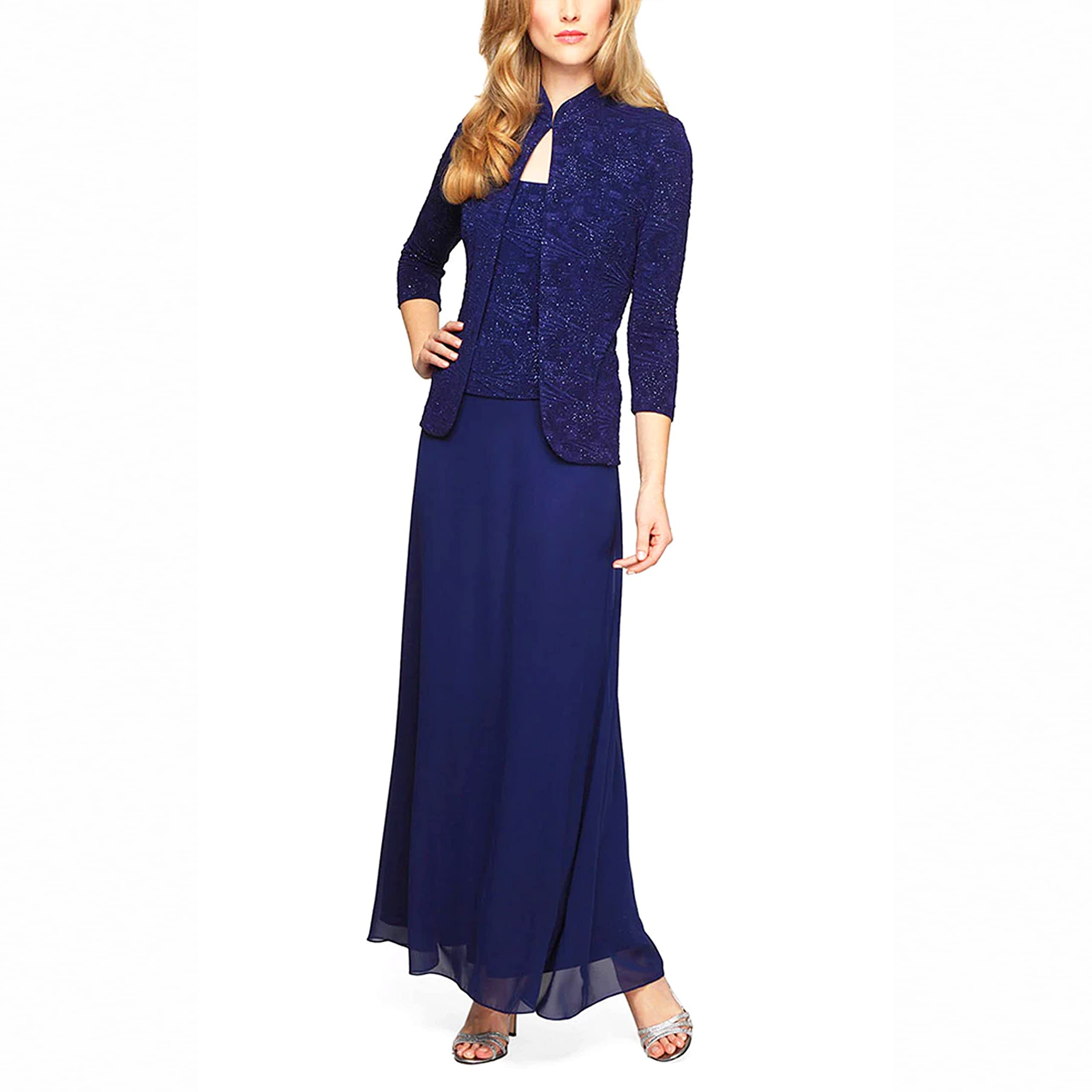 Alex Evenings Womens Long Dress with Mandarin Neckline Jacket
