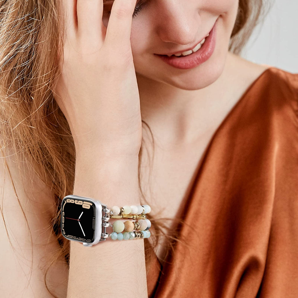 VISOOM Beaded Boho Bracelet Compatible for Apple Watch Band 40mm/38mm/41mm/42mm Series 11 10 9 8 7 SE Series 6/5/4 Women Fashion Cute Handmade Crystal Beads Stretchy Watch Strap for iWatch Bands 3/2/1