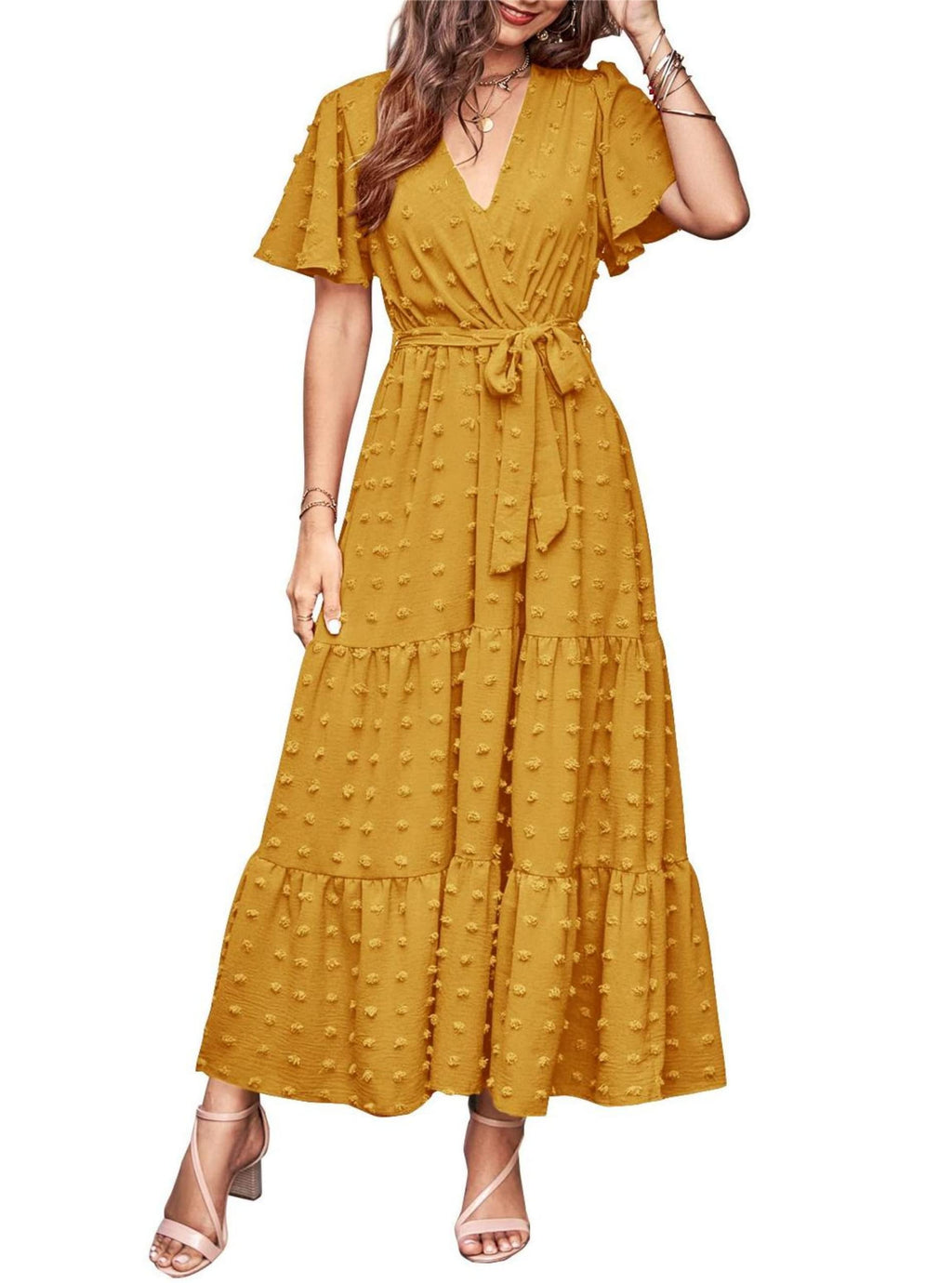 MASCOMODA Womens Summer Swiss Dot Maxi Dresses Wrap V Neck Flutter Short Sleeve Boho Casual Flowy Long Wedding Guest Dress