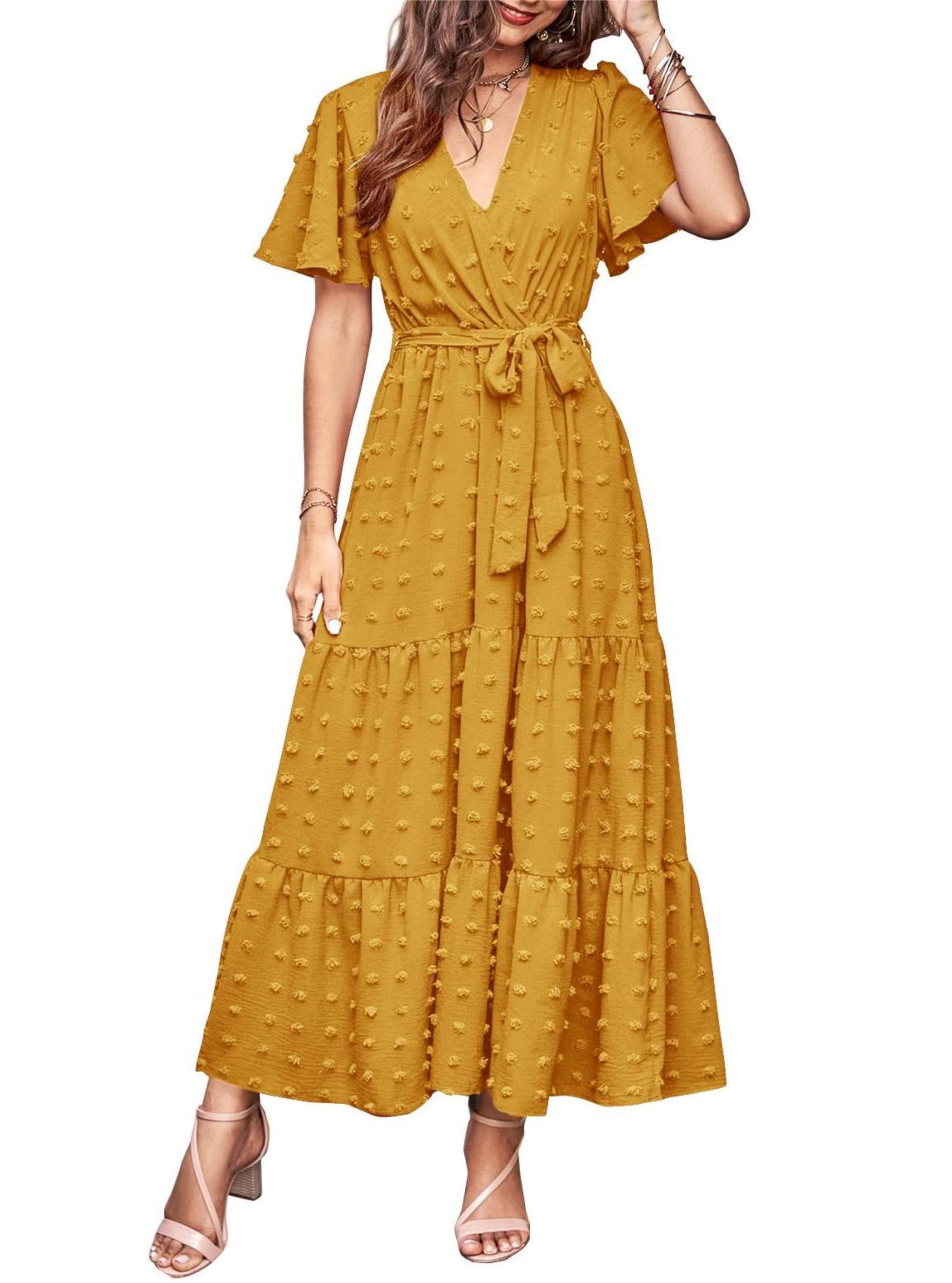 MASCOMODA Womens Summer Swiss Dot Maxi Dresses Wrap V Neck Flutter Short Sleeve Boho Casual Flowy Long Wedding Guest Dress