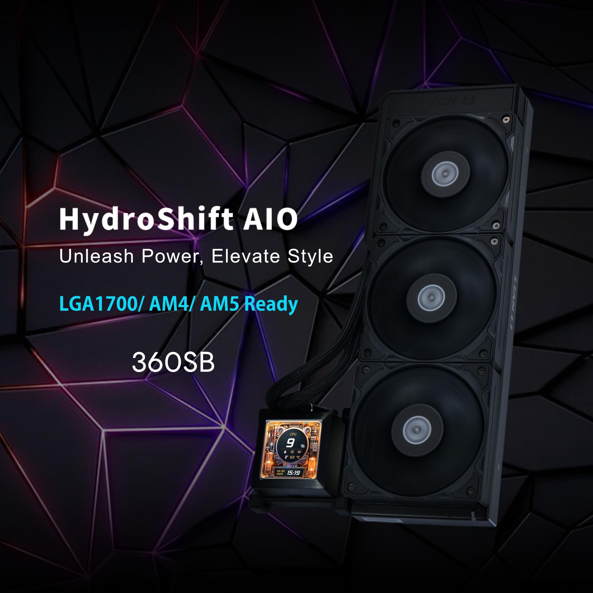 Lian Li Hydroshift LCD 360 Liquid Cooler - Flexible Side-Mounted Coolant Pathway, 2.88” LCD Screen - 480 x 480 Res. - Captured Screenshots or Recorded Videos - Fits Most PC Fans - Black (HSLCD36NB)