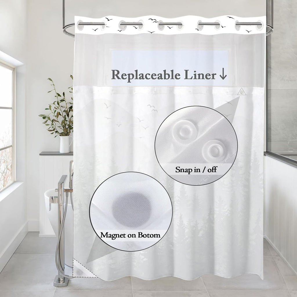 Stall Small Black and White Misty Forest Shower Curtain Ombre Gray Grey Mountain Pine Tree Waterproof Fabric Shower Curtains for Bathroom Nature Woodland Decorative Bath Curtain Decor 36×72 Inches
